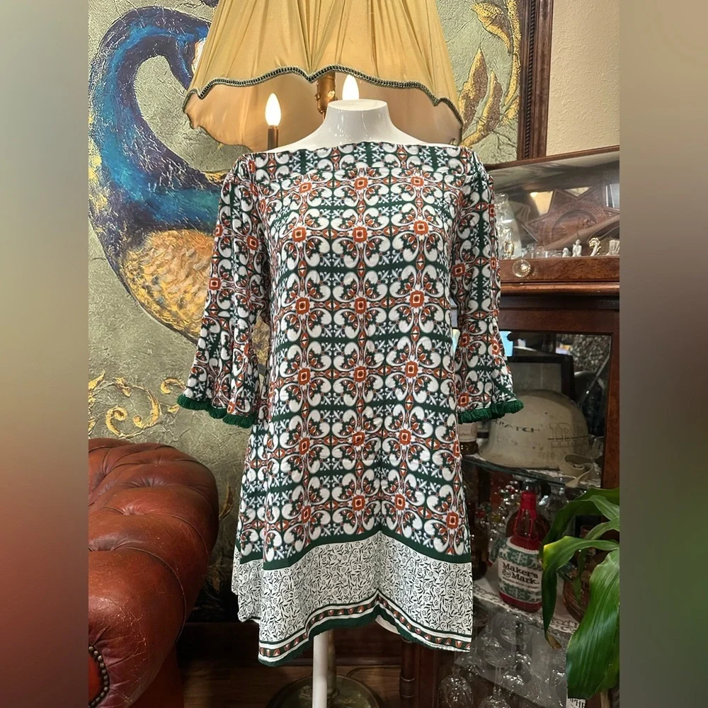 Lulus Boho Glam Open Back Medallion Print Bell Sleeve Mini Dress Size Large - Picture 4 of 12